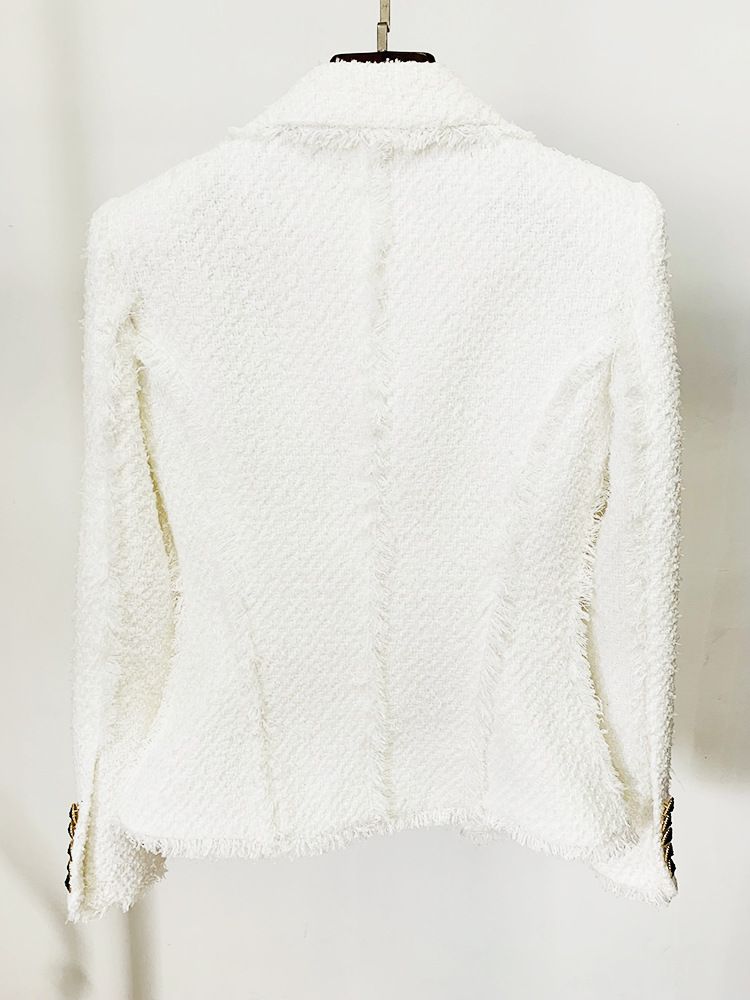 Damenbekleidung: Schicke, mit schweren Kettenperlen verzierte Tweedjacke mit Fransendetails – elegante Bürokleidung für Damen (Weiß, S/M/XL/XXL)_voghion.com