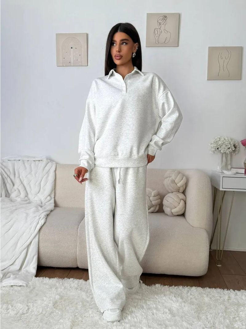 Set sportivi casual da donna, tinta unita, maniche lunghe, pullover con revers abbottonato, felpa, pantaloni con lacci, completo due pezzi_voghion.com
