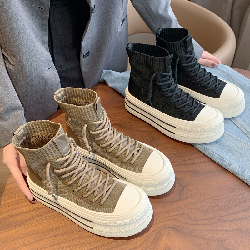 Koreanische Gestrickte Martin Stiefel für Frauen 2024 Neue Herbst Mode Lässig Vielseitig Dicken Sohlen Abnehmen Stretch Socken Kurze Stiefel für Frauen_voghion.com