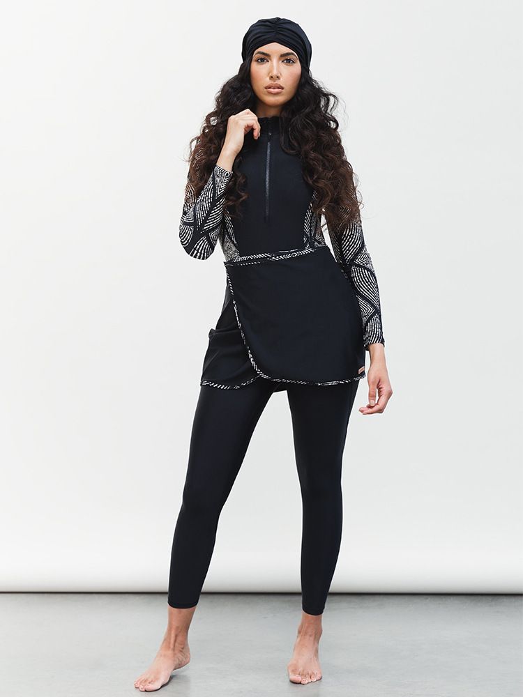 Women's Clothing Conservative Swimsuit 3 Piece Set Printed Long Sleeved All Inclusive Women's Swimsuit Hat Top Pants_voghion.com