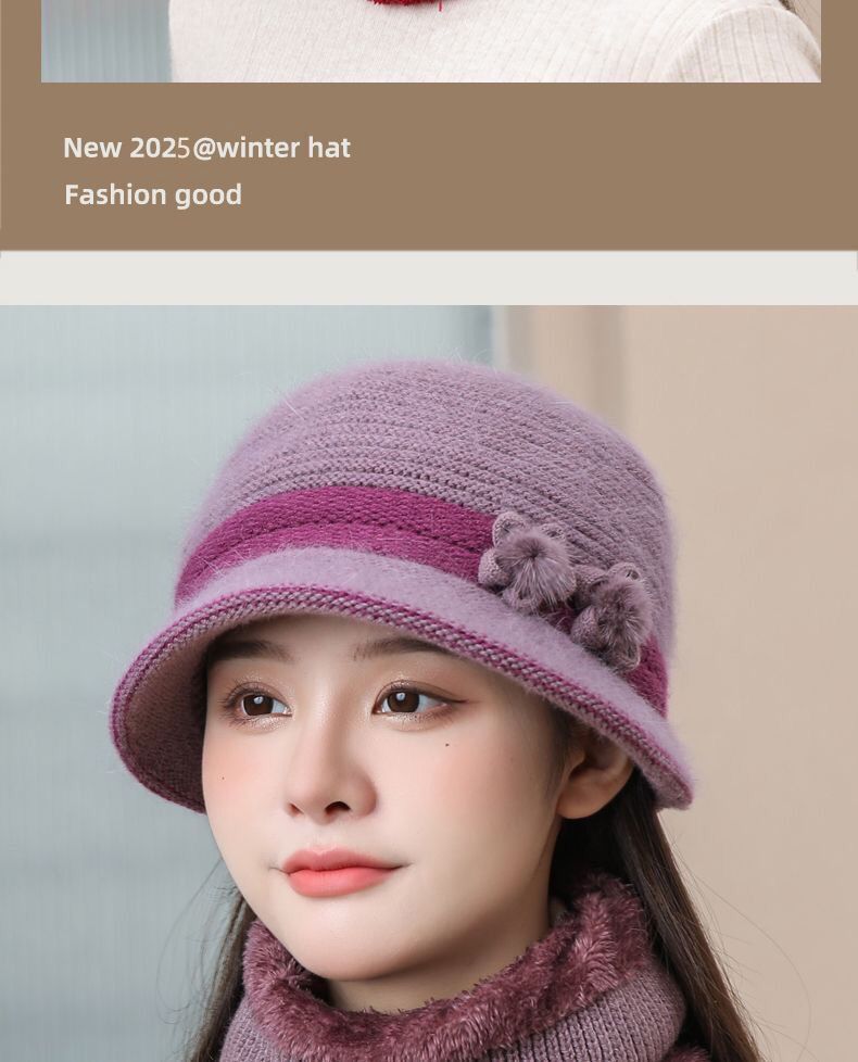 Winter Knitted For Middle-aged Elderly Women, Mom's Rabbit Fur Hat, Thickened And Fleece-lined, Grandma's Warm Wool Hat_voghion.com