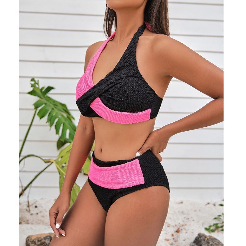 New Color-coded Cross-neck Bikini High-waisted Two-piece Swimsuit_voghion.com
