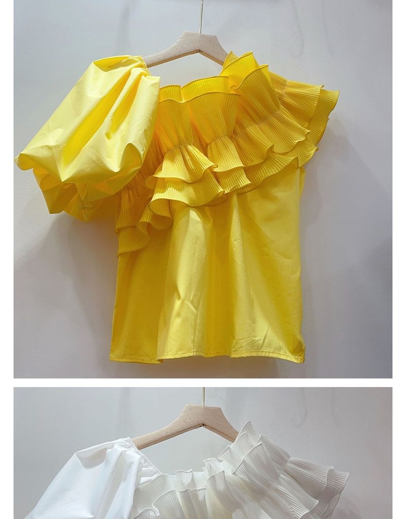 Women's Clothing fashion irregular ruffled V-neck shirt women's short-sleeved summer design niche yellow short top_voghion.com