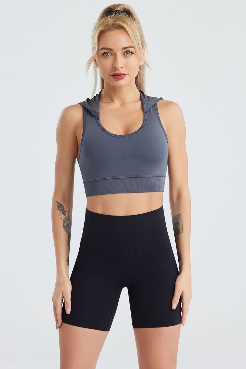 Cross-border hooded yoga wear for women summer mesh breathable quick-drying vest running nude sports bra with chest pads_voghion.com