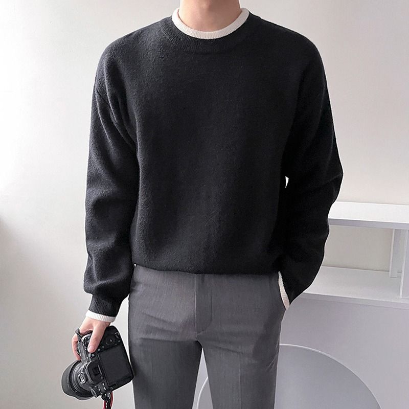 Herren-Vintage-Pullover aus gewachster Baumwolle – locker sitzender Rundhals-Strickpullover, weiche und warme Retro-Freizeitkleidung für den Winter (Weiß/Schwarz, M-2XL)_voghion.com