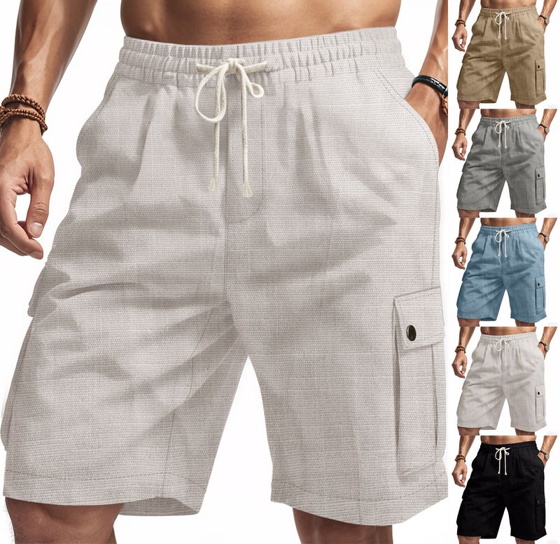 Pantalones cortos casuales de playa de lino con nudo de bambú para hombre de American Amikaji Outdoor Tactical Workwear de verano_voghion.com