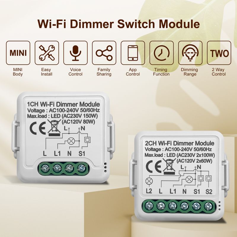 Tuya Wifi Smart Dimmer Schaltmodul 10A Ënnerstëtzung 2-Wee Kontroll Dimmbar Liichtschalter 1 2 Gang Aarbecht mat Alexa Google Home_voghion.com
