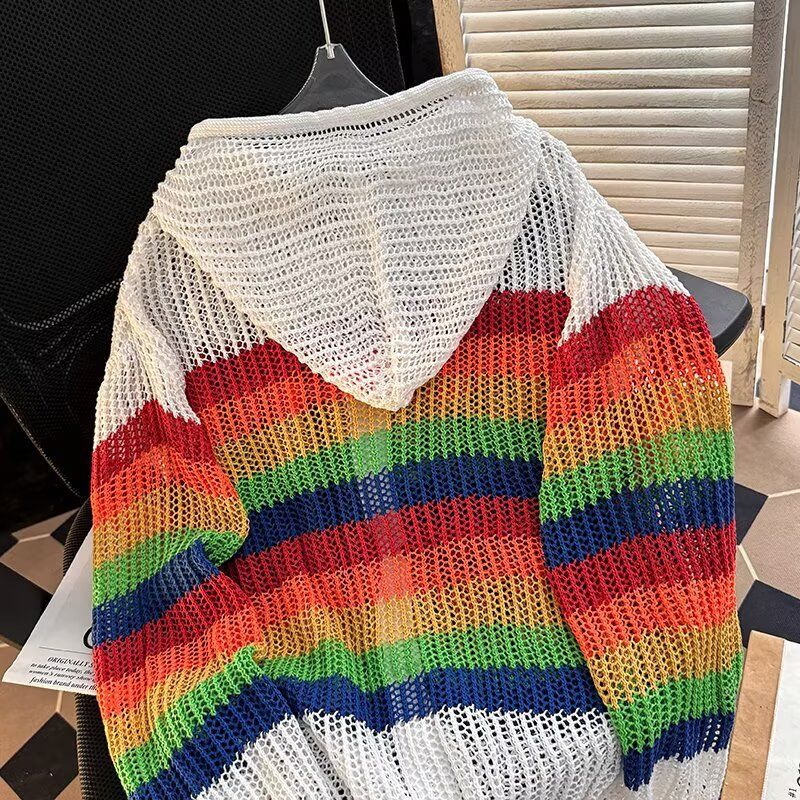 Herrenbekleidung, bunt, Regenbogen-gestreift, Hohlstrickjacke, lockere Kontrastfarbe, Kapuze, langärmeliges T-Shirt_voghion.com