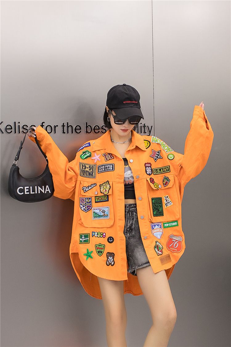 Modische Multi-Label-Jacke aus unregelmäßig gewaschenem Denim für Damen_voghion.com