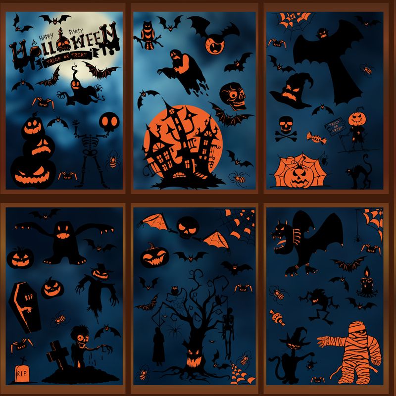Pegatinas de ventana estáticas eléctricas de Halloween con forma de castillo, árbol, murciélago, araña y calabaza_voghion.com