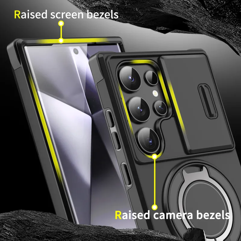 Armor Magnetic Bracket Case For Samsung Galaxy S25 S24 S23 S22 S21 Ultra Plus With Lanyard Slide Camera Protect_voghion.com
