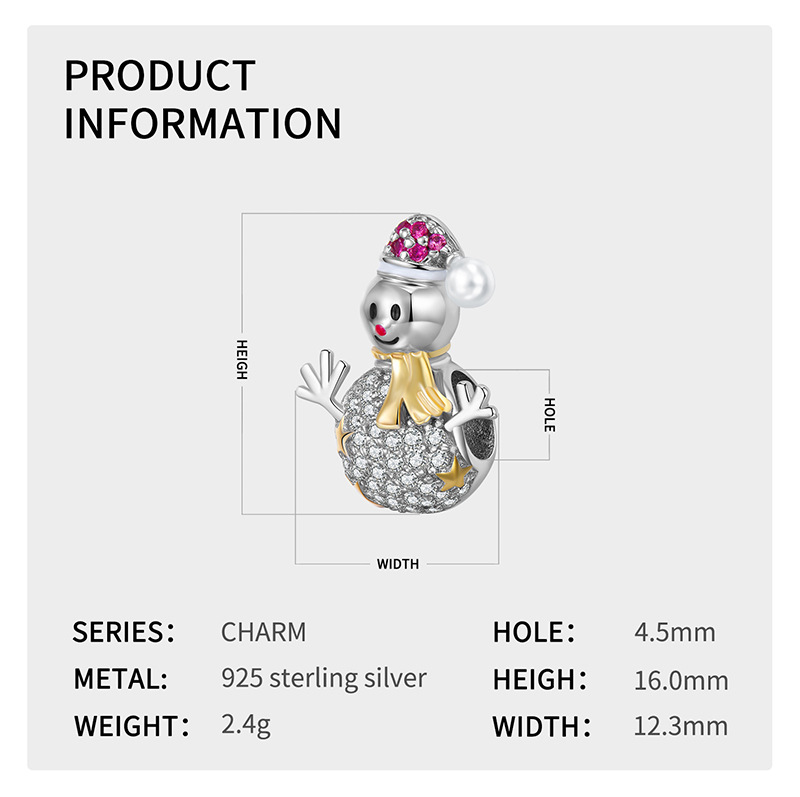 Pendentif de noël bonhomme de neige de noël, breloque de noël en argent sterling zircon, collier pour femmes, bracelet de perles à faire soi-même_voghion.com