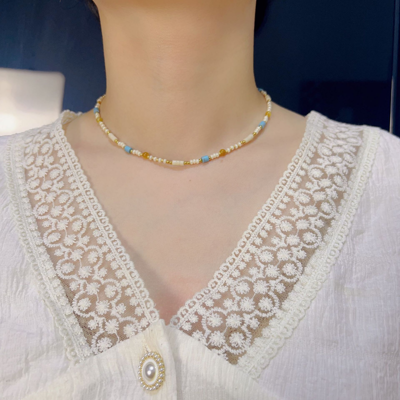 Collana di perline colorate con perline di miglio e pino blu, design originale, girocollo di personalità alla moda_voghion.com