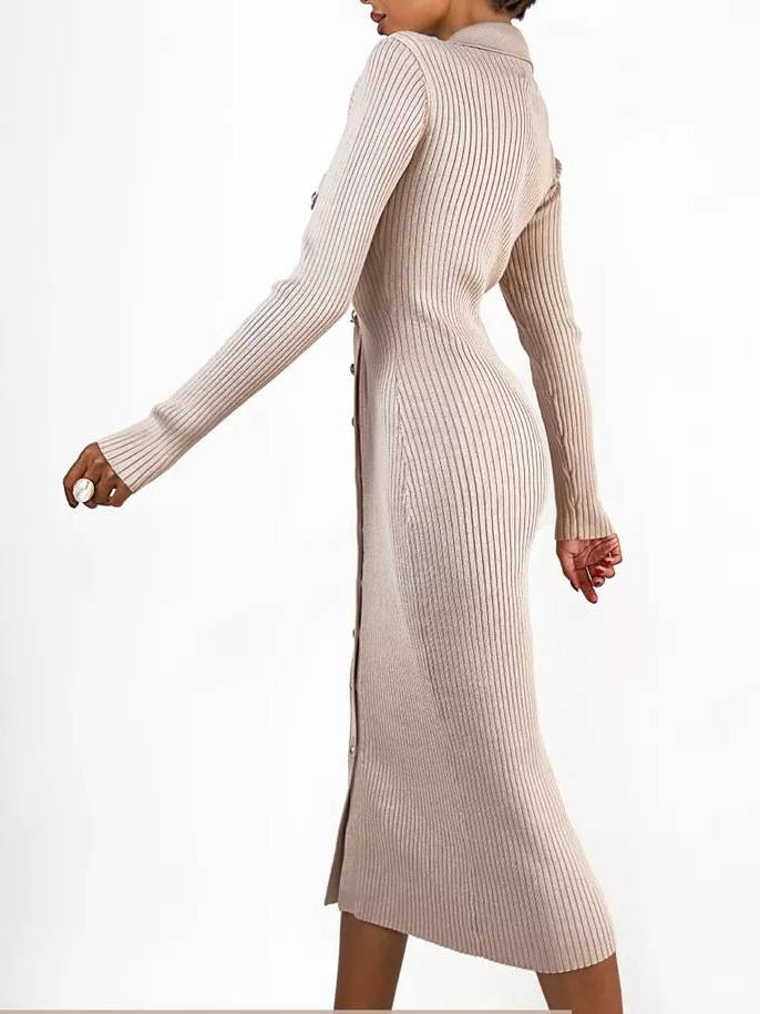 Damenbekleidung Button POLO Revers Strickkleid_voghion.com