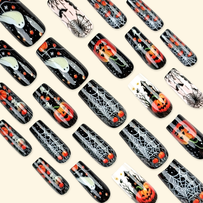 24Pcs Halloween Nails - Black Series Medium Rectangle Fake Nails With Spider Web, Pumpkin & Bat Print - Women's Halloween Nail Art & Party Decoration_voghion.com