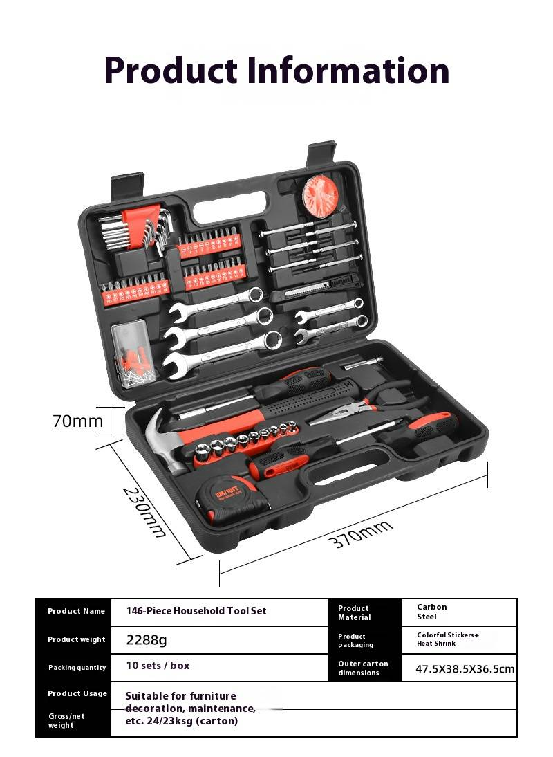 146-Piece Multi-Function Tool Kit With Plastic Toolbox & Handle For Home Repair, Car Maintenance, And DIY Projects_voghion.com