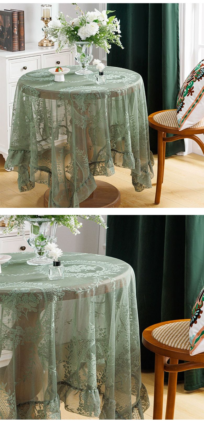 Hochwertige Tischdecke aus hohler Spitze mit Lotusblattrand, rund, mit Spiegel, kleiner Tischdecke aus frischer Spitze mit Lotusblattrand_voghion.com