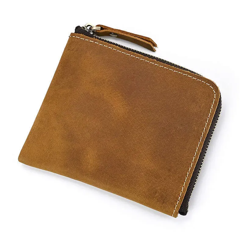 Portafoglio semplice e leggero in vera pelle di cavallo pazzo con cerniera, strato superiore in pelle di vacchetta, porta carte e porta monete_voghion.com