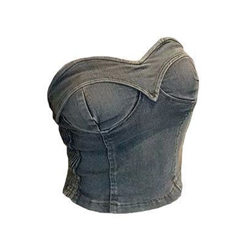 Top vaquero sin tirantes, estilo francés único y exquisito, estilo americano, dulce y picante, de moda Pure Desire para mujer._voghion.com