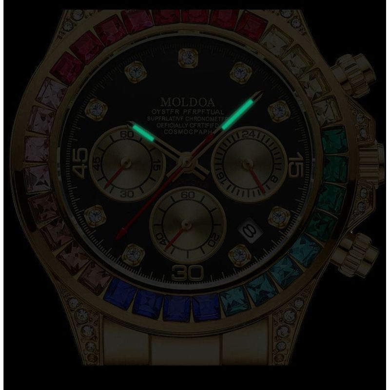 Rainbow Di Diamond upotekoristeinen täysautomaattinen mekaaninen miehille, Miesten kello onttokalenterilla, Vedenpitävä yö_voghion.com