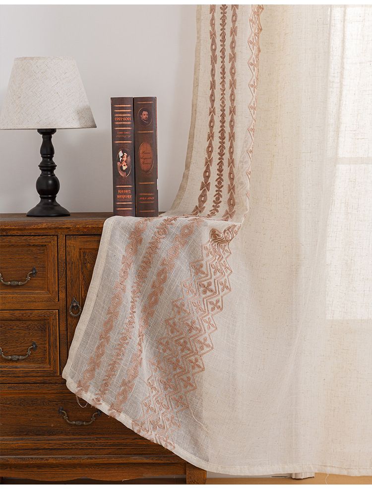 Beige Linen Embroidered Window Screens Semi Light Blocking Fresh Geometric Embroidered Window Screens Bedroom Kitchen Living Room Study Curtains_voghion.com