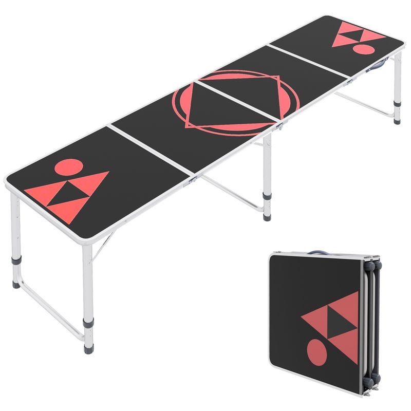 Outsunny 8ft Portable Beer Pong Table with Adjustable Legs, Folding Camping Table, Aluminum Picnic Table, for Party, Travel, BBQ, Beach, Black and Red_voghion.com