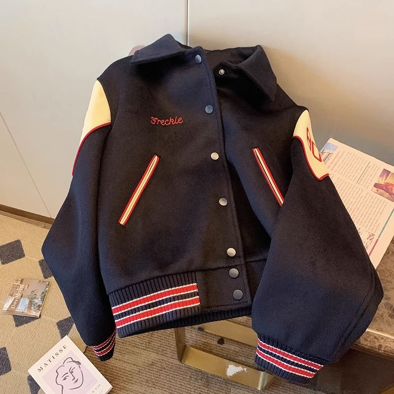 American retro color contrast embroidered lapel baseball coat autumn 2023 new relaxed casual jacket jacket_voghion.com