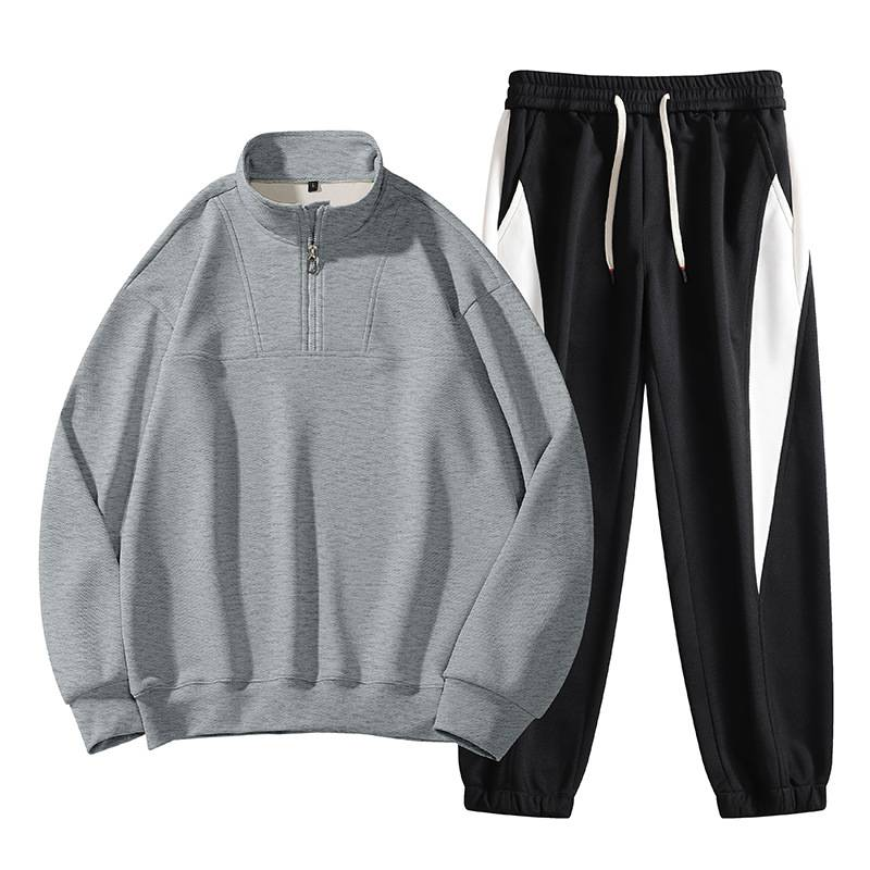 Men's Clothing New Sweater Suit Men's Autumn Casual Top Lapel Pullover Zipper Shirt Splicing Long Sleeved Trousers Shirt_voghion.com