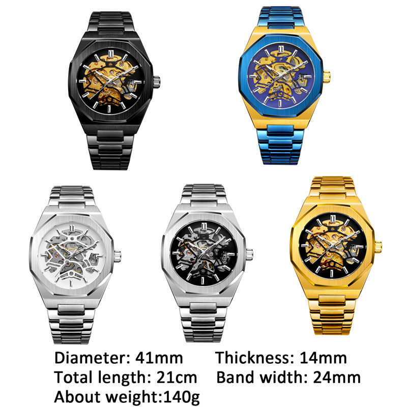 Vollautomatische mechanische Herrenuhr mit Schwungrad, skelettiertem Zifferblatt und polygonaler Business-Armbanduhr_voghion.com