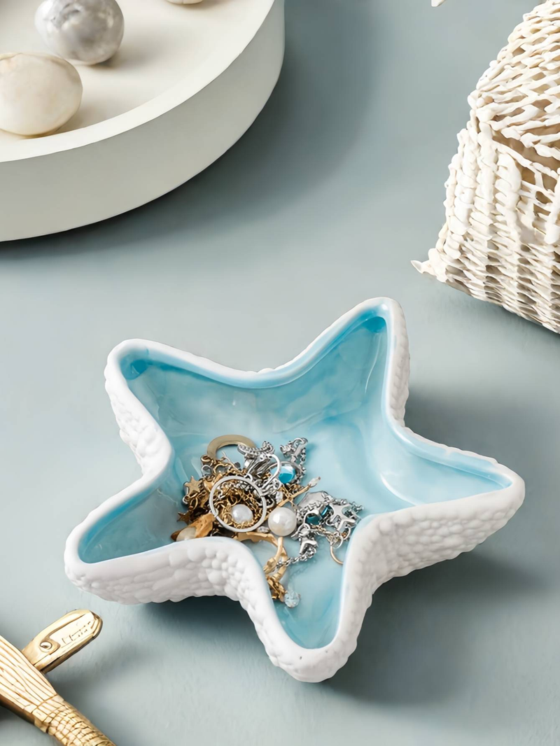 Starfish Ceramic Jewelry Tray, Nordic Style Decorative Accessory, Suitable For Desktop Lobby Key Storage Tray, Office Desk, Home, And Girls' Room_voghion.com