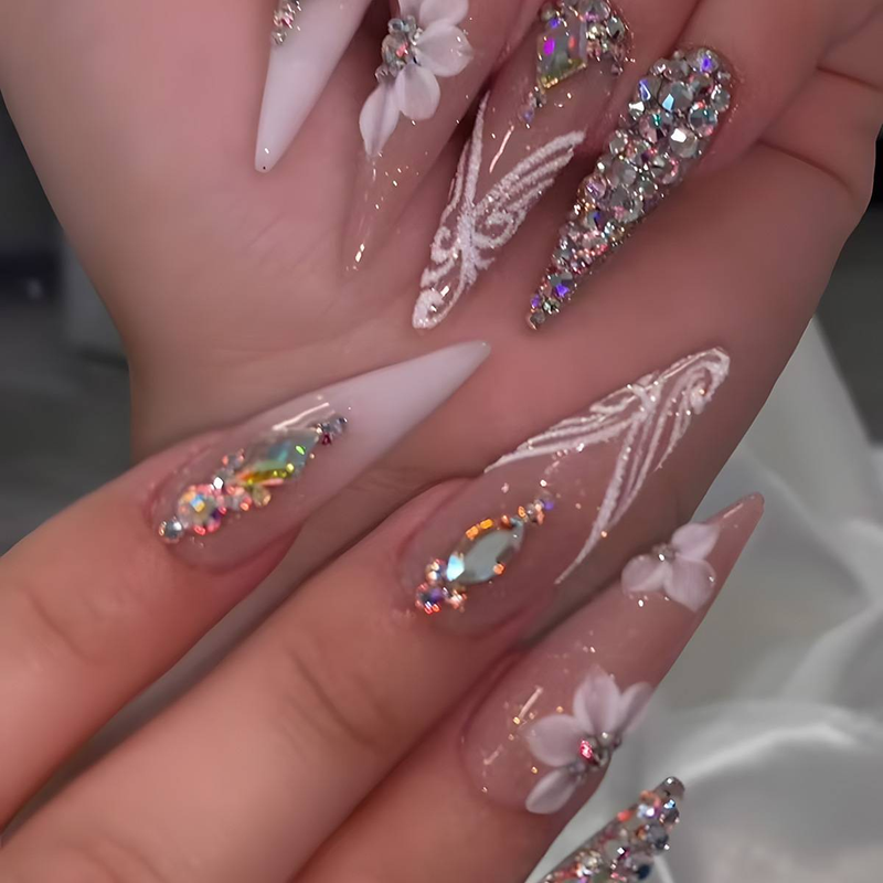 Fashionable Press-On Nails With Floral & Glitter Design - Reusable False Nails For Women, Cat Eye & Glam Style, Easy To Apply (Glue/Gel Option)_voghion.com