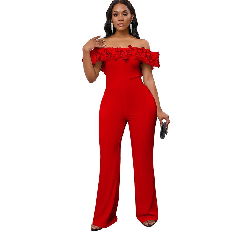 Women's Clothing Sexy Tight Solid Color One Ruffled Off Shoulder Short Sleeved Jumpsuit_voghion.com