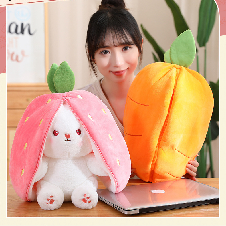 Lapin transformé en peluche, petite poupée fruitée, poupée lapin fraise, poupée fille, oreiller de couchage, poupée en tissu_voghion.com