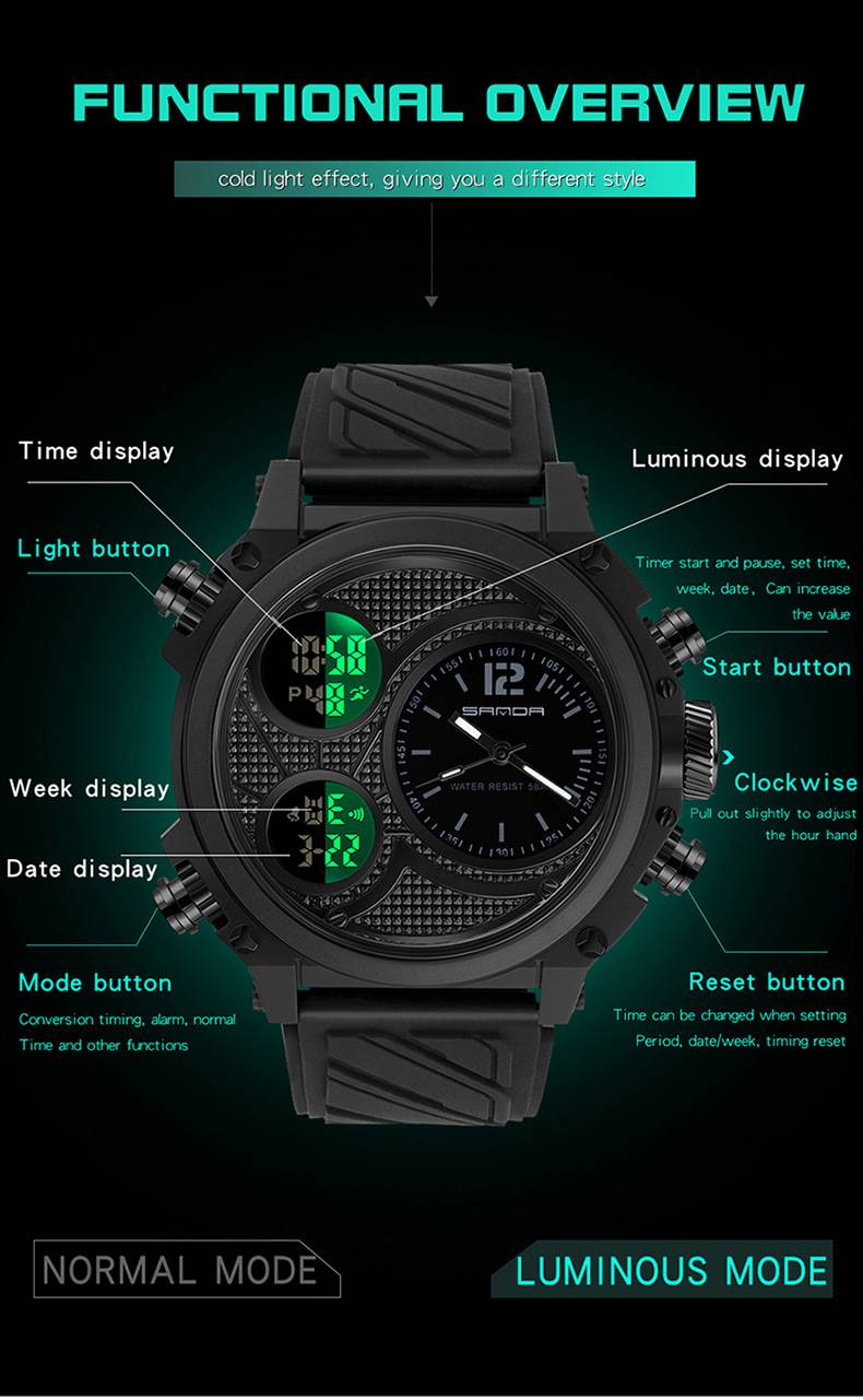 SANDA LED Digital Sport Watches 50m Waterproof Electronic Wristwatch Three Time Display Quartz Watch for Men Alarm Clock_voghion.com