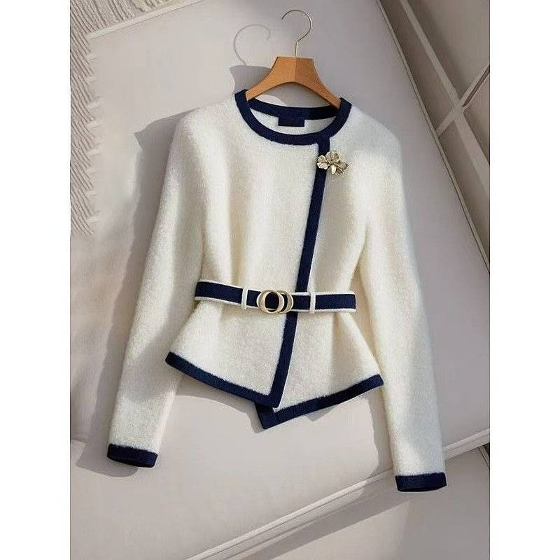 Women's Clothing White Knitted Cardigan Top With A Niche Design And High End Waisted Sweater Coat_voghion.com