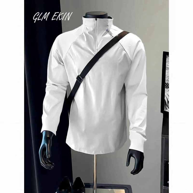 Spring and Autumn Half Zipper Long Sleeve T-shirt Men's American Basketball Sports Student Training Uniform Solid Color_voghion.com