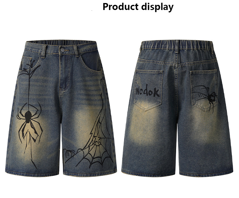 Herrenbekleidung Painted Spider Denim Shorts Lose Retro Distressed Blau Gerade Shorts_voghion.com