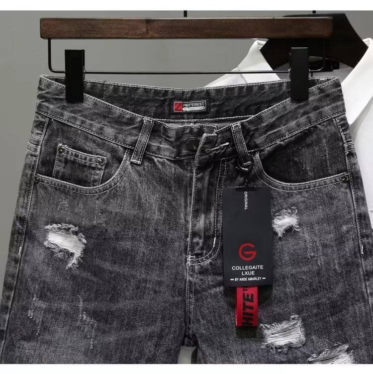 Men's Distressed Denim Shorts With Embroidery - Summer Casual Streetwear Stretch Mid-Length Shorts For Men_voghion.com
