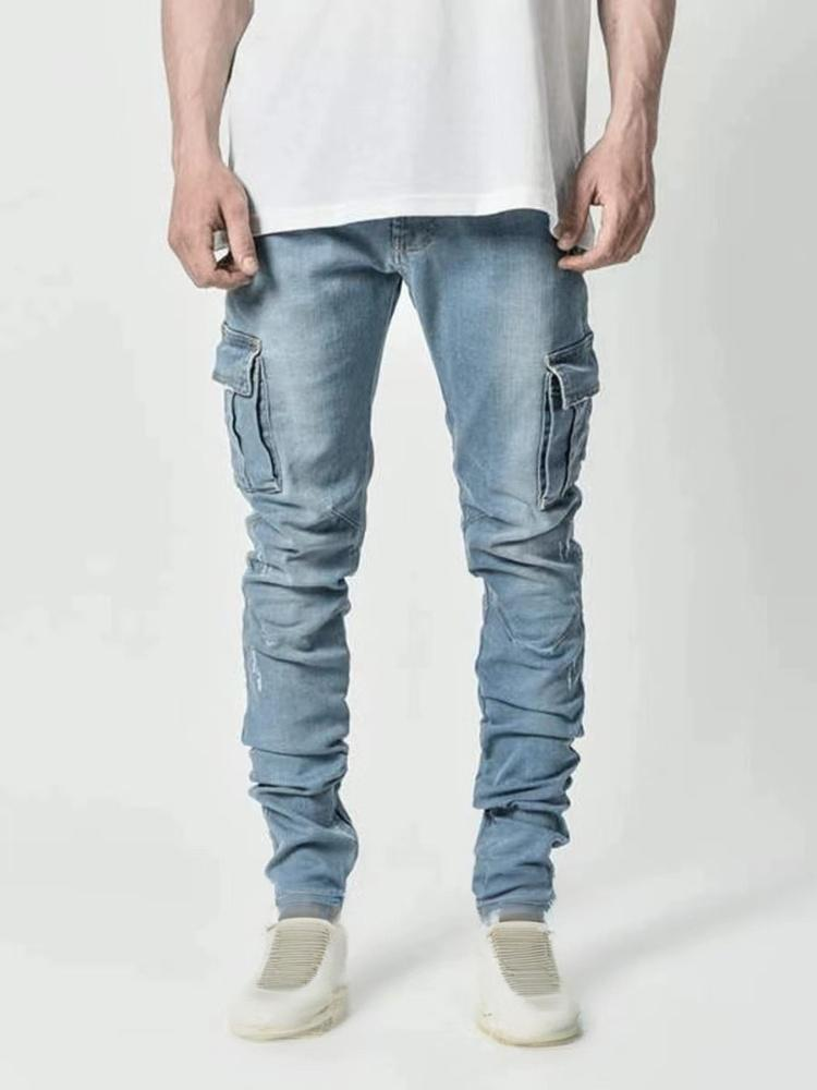 Herrenbekleidung Herren Slim Fit Cargo Jeans mit Seitentaschen - Stretch Denim Hose für Streetwear & Casual Style (Schwarz, Hellblau, Hellgrau)_voghion.com