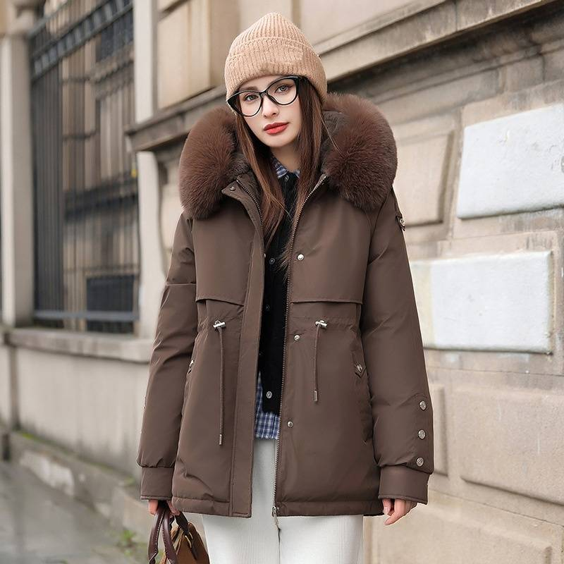 Dicker, fleecegefütterter Wintermantel für Damen mit Kapuze und Kunstpelzbesatz – kurze, taillenbetonte Pufferjacke für Freizeit und Pendeln_voghion.com