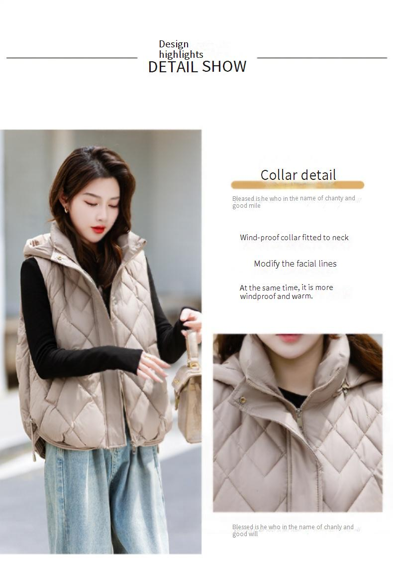 Gilet matelassé à capuche pour femme - Gilet court et léger pour l'hiver, vêtement d'extérieur chic et décontracté, couleurs unies (blanc, noir, kaki, café)_voghion.com