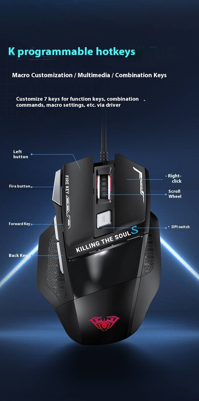 S12 Kabelgebundene Gaming-Maus mit RGB-Beleuchtung, 7 programmierbaren Tasten, 3000 DPI, ergonomisches Design für PC- und Laptop-Gamer_voghion.com