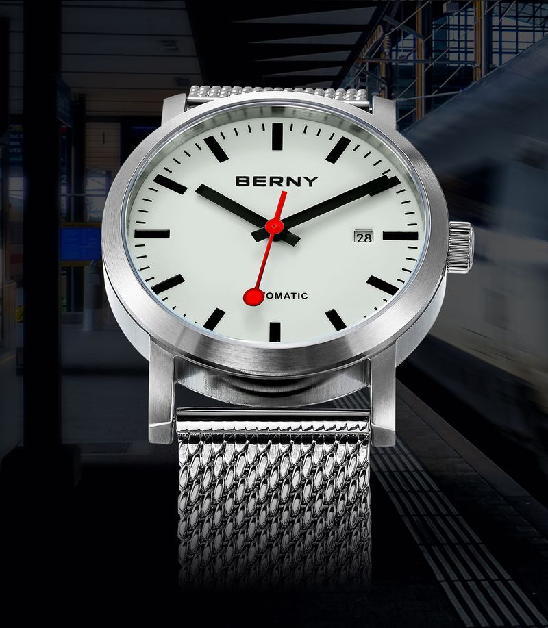 BERNY Automatic Watches For Men Minimalist Stainless Steel Mesh Band Analog Mechanical Watch With Date 5ATM Waterproof Luminous Sapphire Wrist Watch_voghion.com