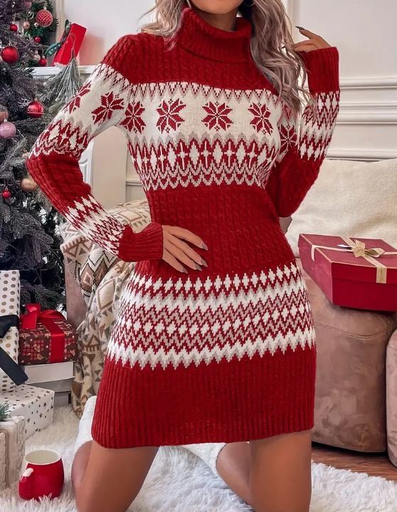 Strickpulloverkleid mit hohem Kragen für Damen – Rot-weißer Colorblock-Pullover (S-XXL, Langarm, Weihnachts- und Winterstil)_voghion.com