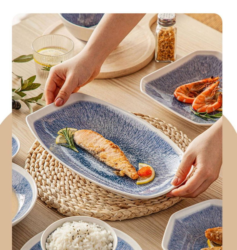 Hand-Painted Ceramic Dinnerware Set, Unique Underglaze Color Retro Style Plates & Bowls, Microwave Safe Dish Set For Home & Gifting_voghion.com