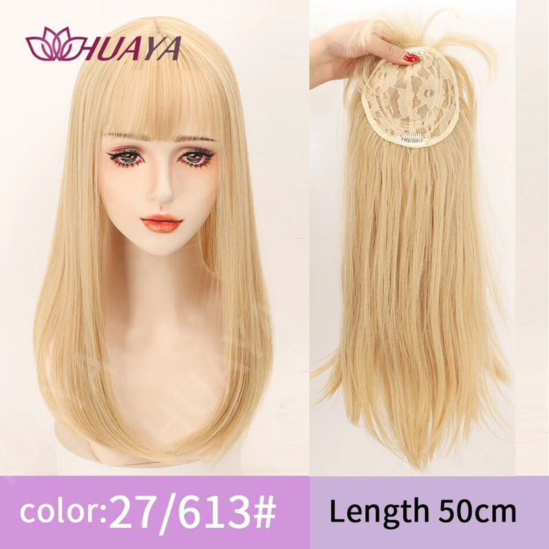 Synthetische lange gerade Topper-Perücke in Extensions, natürliches, flauschiges Kunsthaarteil mit Pony-Clip, Schwarzbraun_voghion.com