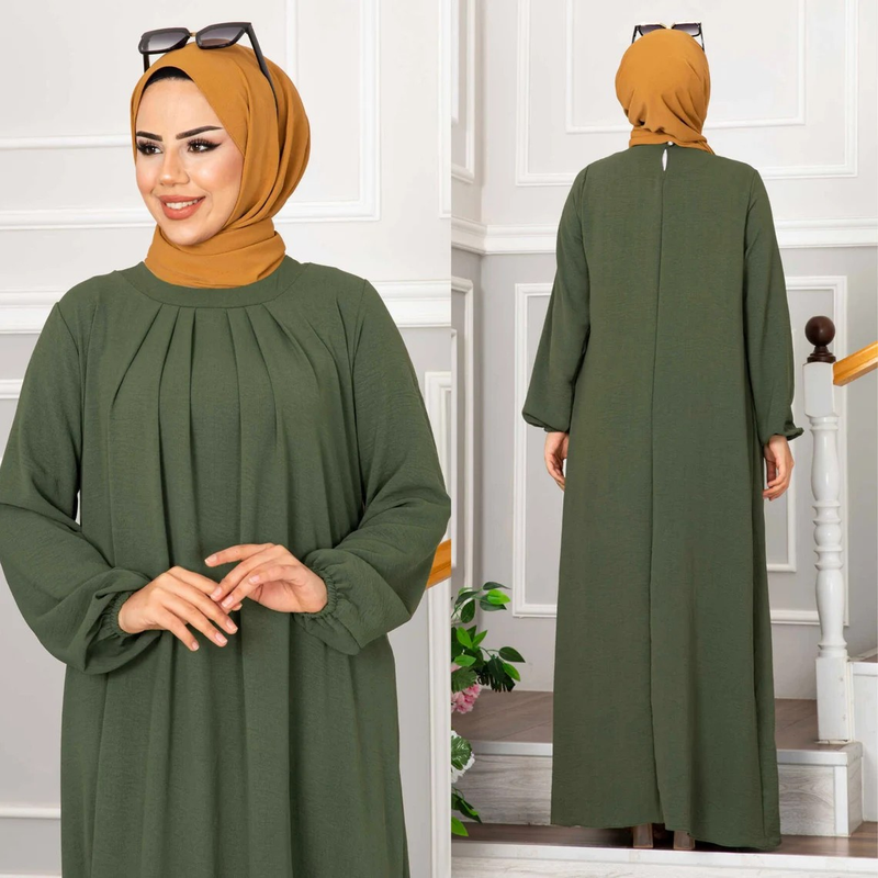 Abito lungo plissettato da donna, abito a maniche lunghe in stile turco musulmano, elegante abaya da sera per feste o abbigliamento formale._voghion.com