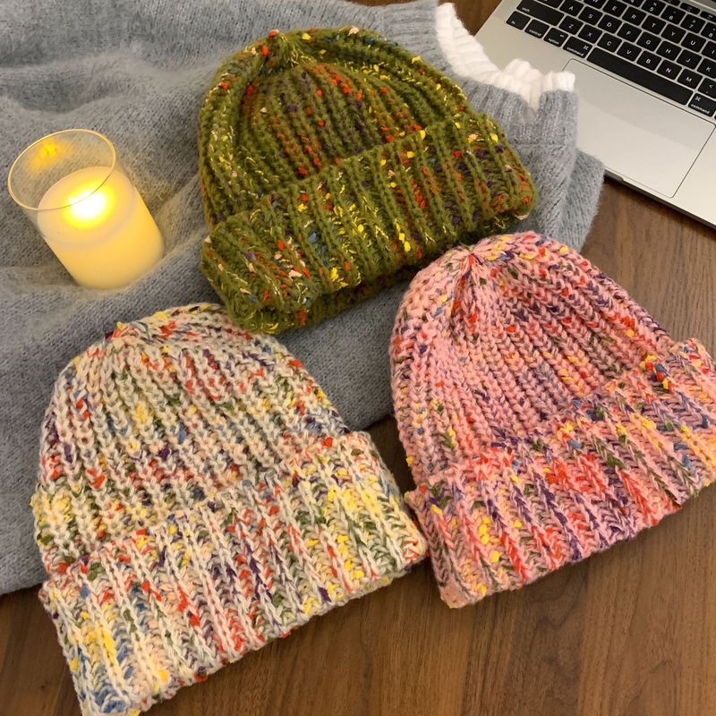 Herbst und Winter Regenbogenbohnen süße süße Mädchen Strickmütze weiblicher großer Kopfumfang Flormütze warmer Ohrenschutz Wollmütze_voghion.com
