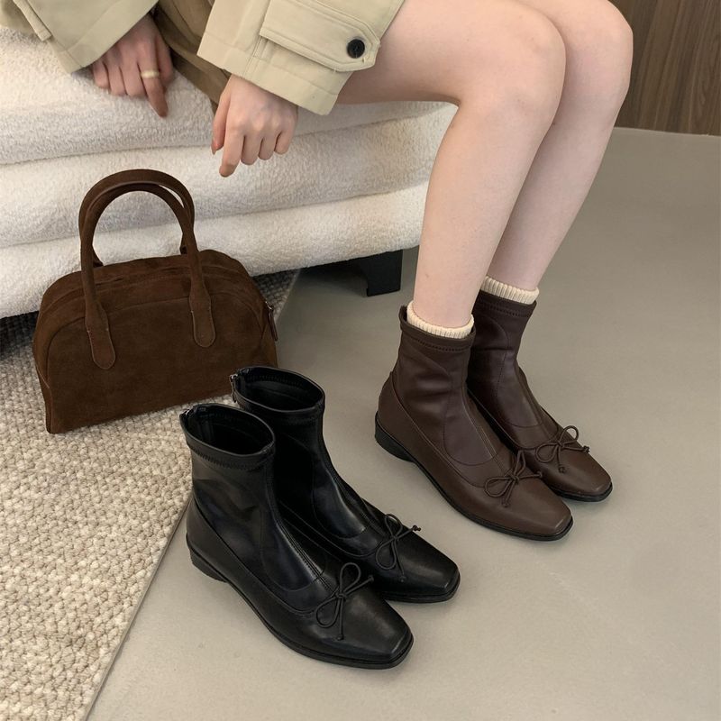 Schmetterlingsknoten Elastic Slim 2025 Herbst Square Toe Chunky Heel Short für Frauen Zurück Zipper Slimming Martin Stiefel_voghion.com