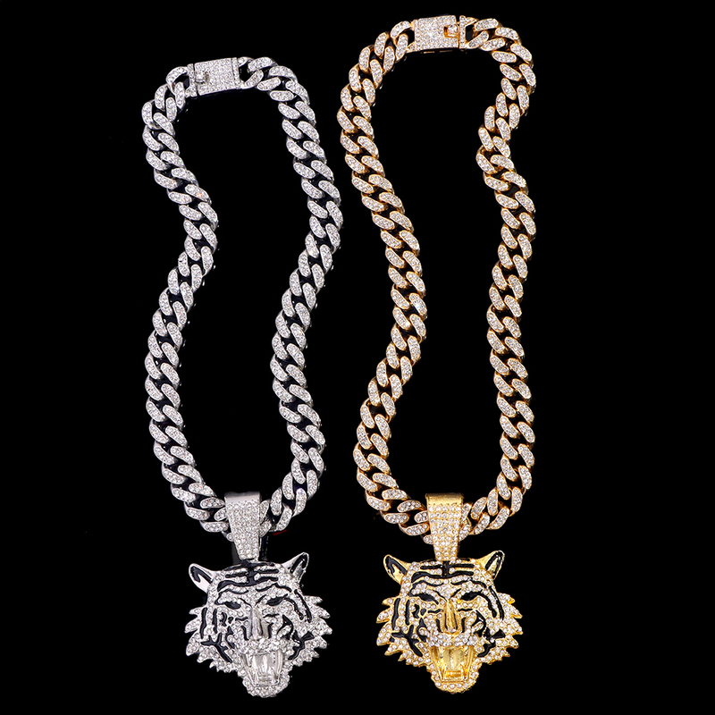 Hip Hop Iced Out Cuban Link Chains For Men Tiger Pendant Necklace Bling Crystal Cuban CZ Stainless Steel Chain Necklaces_voghion.com